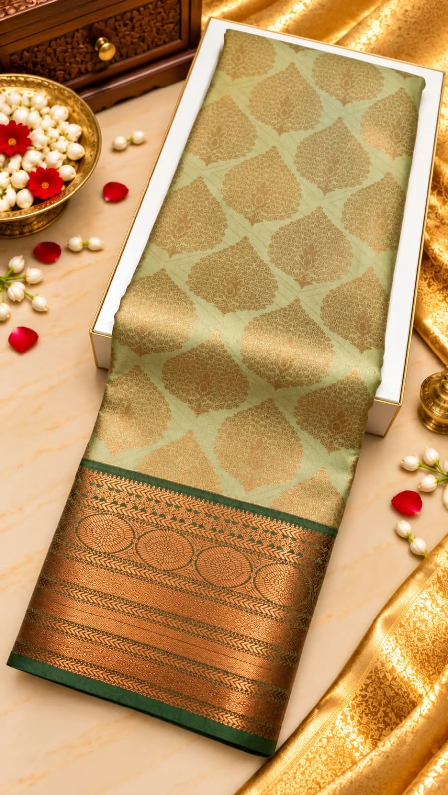 Pista Green Copper Zari Mango Butta Semi Kanchipuram Silk Saree